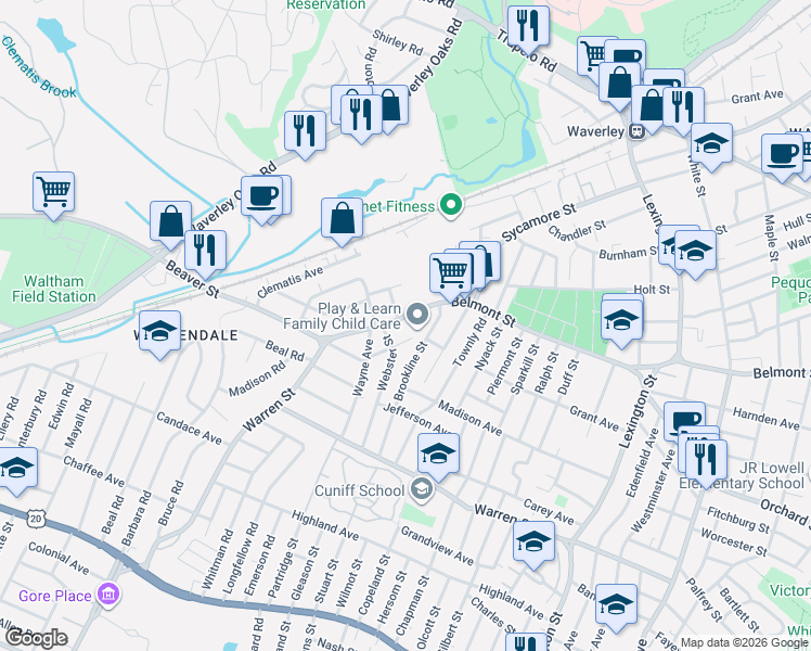 map of restaurants, bars, coffee shops, grocery stores, and more near 15 Bowker Street in Waltham