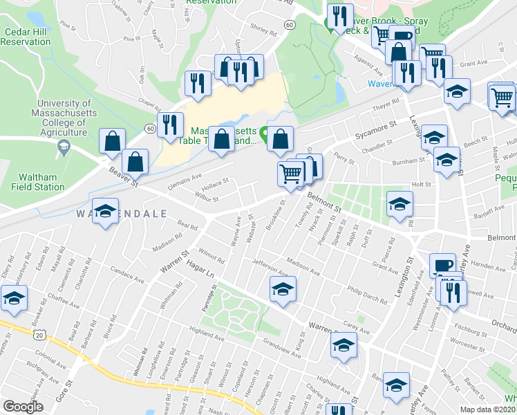 map of restaurants, bars, coffee shops, grocery stores, and more near 15 Bowker Street in Waltham