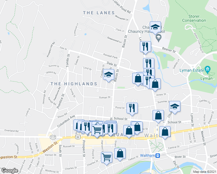 map of restaurants, bars, coffee shops, grocery stores, and more near 17 Hazel Street in Waltham