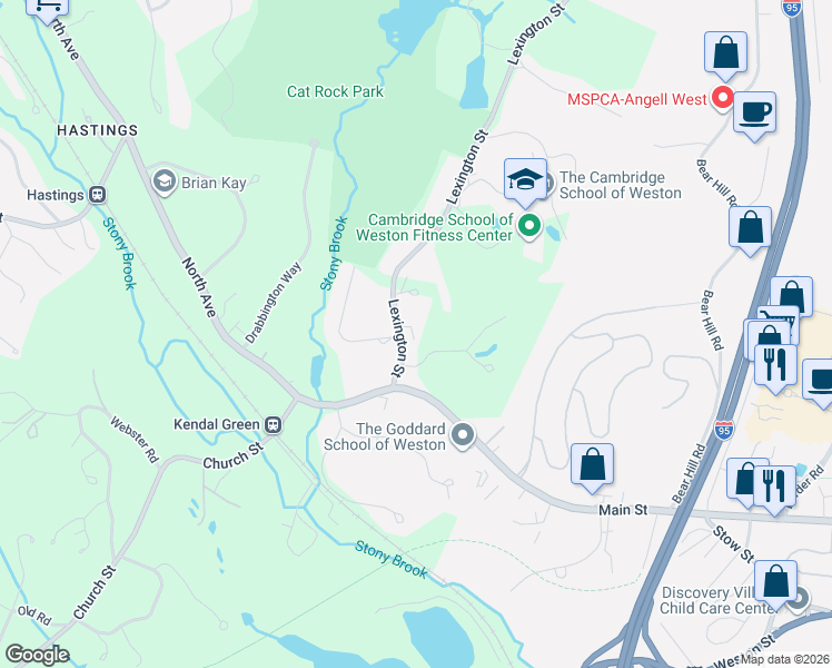 map of restaurants, bars, coffee shops, grocery stores, and more near 7 French Road in Weston