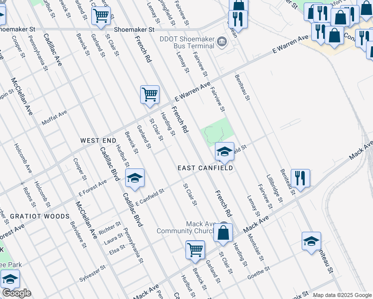 map of restaurants, bars, coffee shops, grocery stores, and more near 4553 French Road in Detroit