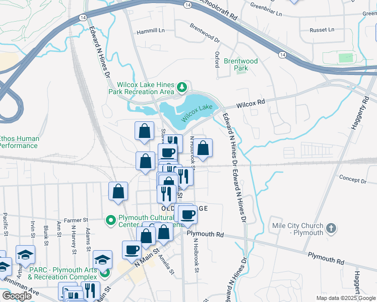 map of restaurants, bars, coffee shops, grocery stores, and more near 1071 North Holbrook Street in Plymouth
