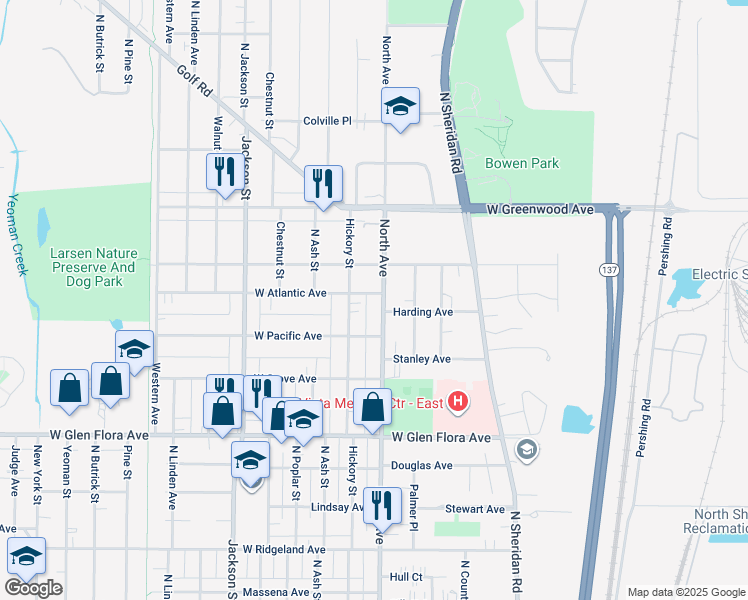 map of restaurants, bars, coffee shops, grocery stores, and more near 1611 North Avenue in Waukegan
