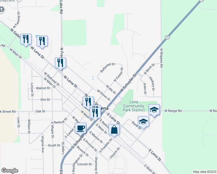 map of restaurants, bars, coffee shops, grocery stores, and more near 510 North Center Street in Lena