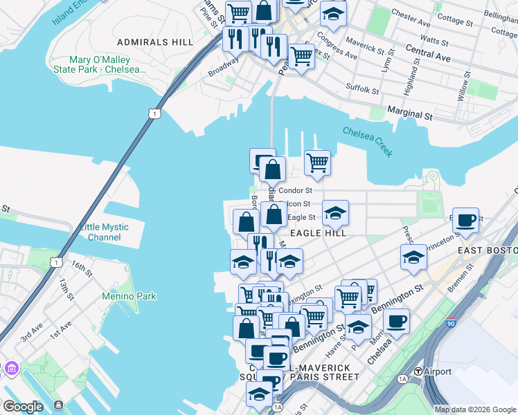 map of restaurants, bars, coffee shops, grocery stores, and more near 5 Condor Street in Boston