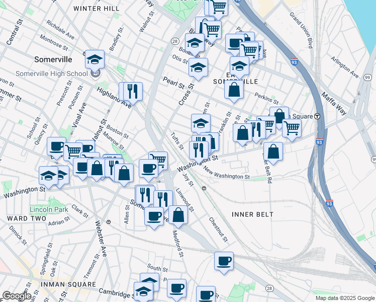 map of restaurants, bars, coffee shops, grocery stores, and more near 19 Tufts Street in Somerville