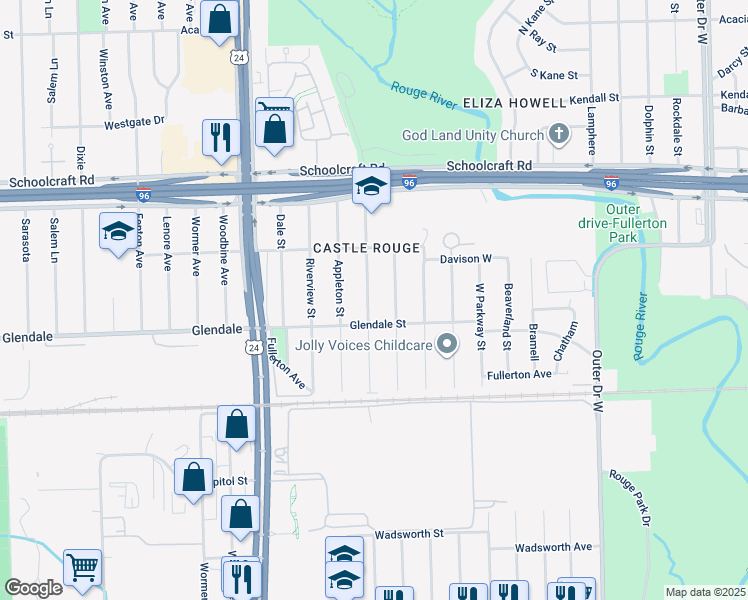 map of restaurants, bars, coffee shops, grocery stores, and more near 12850 Virgil Street in Detroit