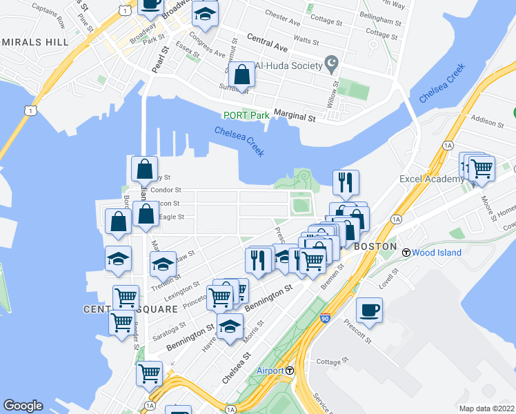 map of restaurants, bars, coffee shops, grocery stores, and more near 163 Falcon Street in Boston