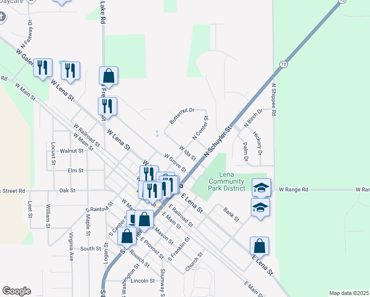 map of restaurants, bars, coffee shops, grocery stores, and more near 510 North Center Street in Lena