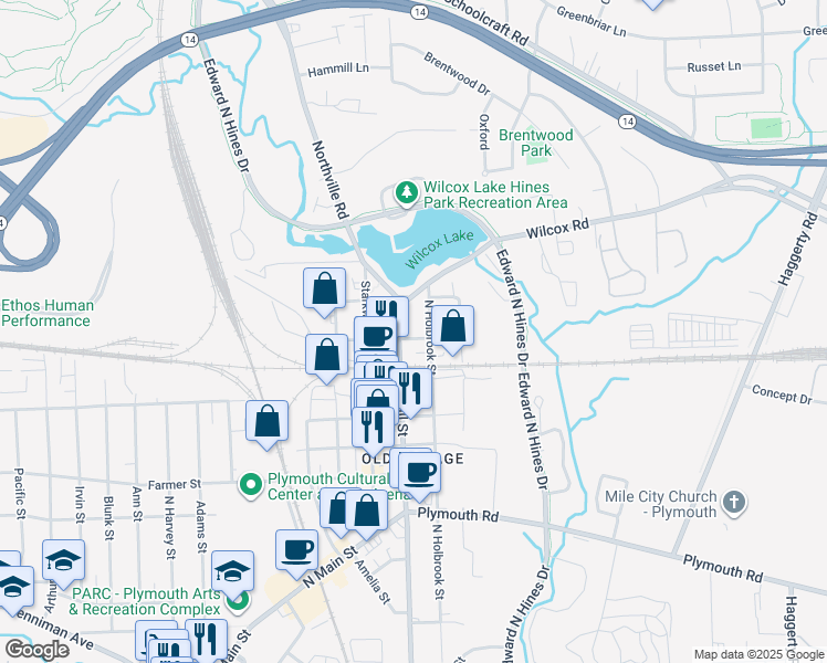 map of restaurants, bars, coffee shops, grocery stores, and more near 139 East Pearl Street in Plymouth