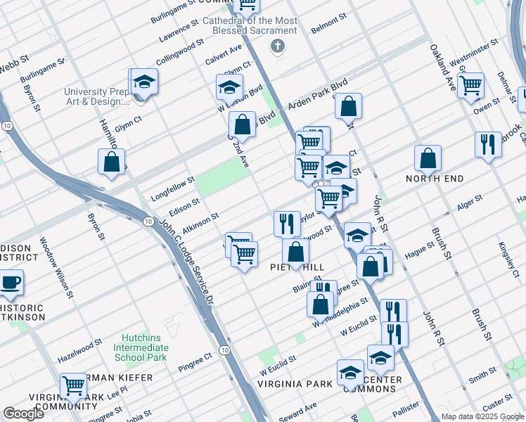 map of restaurants, bars, coffee shops, grocery stores, and more near 612 Clairmount Avenue in Detroit