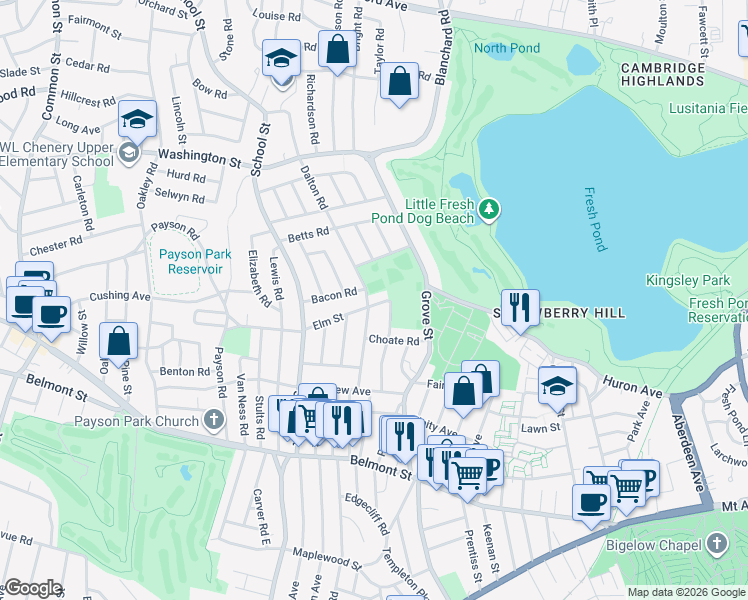 map of restaurants, bars, coffee shops, grocery stores, and more near 133 Elm Street in Belmont
