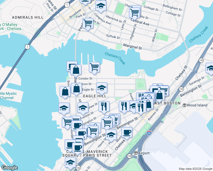 map of restaurants, bars, coffee shops, grocery stores, and more near 167-169 Condor Street in Boston