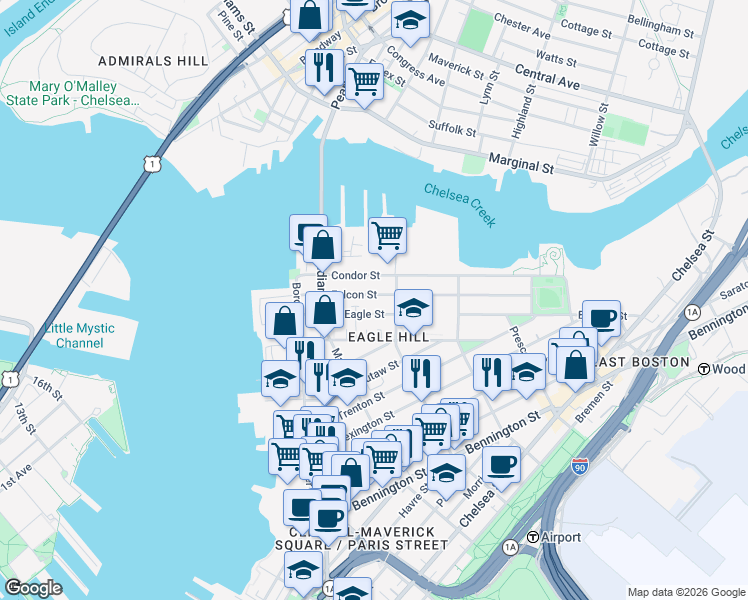map of restaurants, bars, coffee shops, grocery stores, and more near 63 Falcon Street in Boston