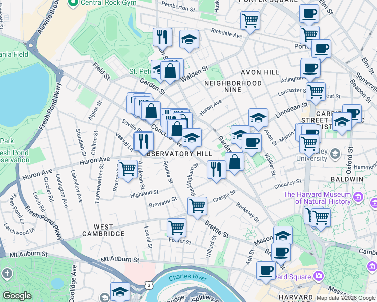 map of restaurants, bars, coffee shops, grocery stores, and more near 160 Concord Avenue in Cambridge