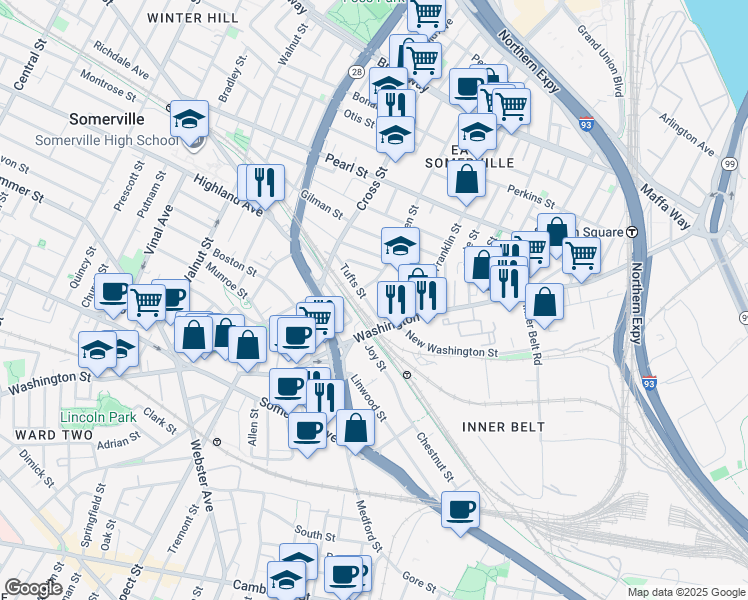 map of restaurants, bars, coffee shops, grocery stores, and more near 19 Tufts Street in Somerville