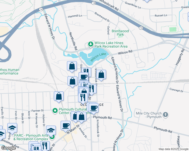 map of restaurants, bars, coffee shops, grocery stores, and more near 1071 North Holbrook Street in Plymouth