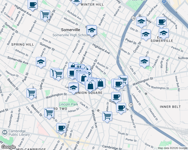 map of restaurants, bars, coffee shops, grocery stores, and more near 33 Walnut Street in Somerville