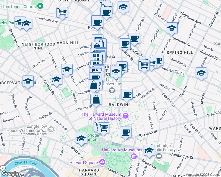 map of restaurants, bars, coffee shops, grocery stores, and more near 16 Sacramento Street in Cambridge