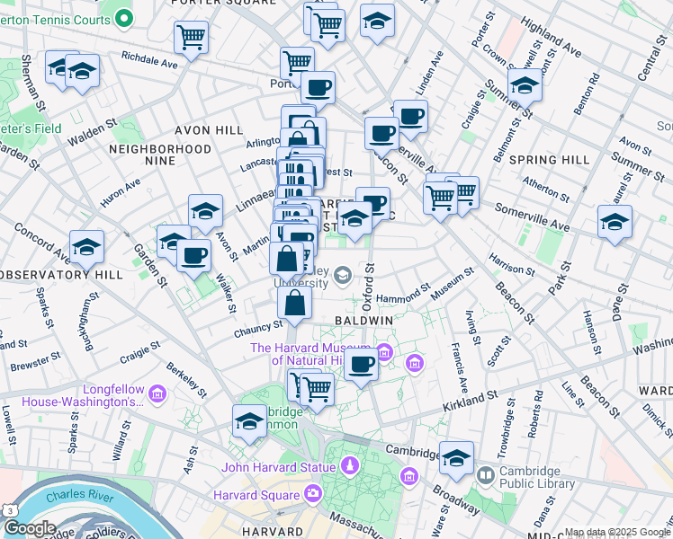 map of restaurants, bars, coffee shops, grocery stores, and more near 16 Sacramento Street in Cambridge