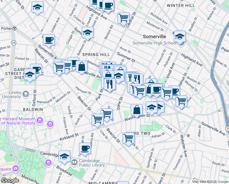 map of restaurants, bars, coffee shops, grocery stores, and more near 25 Tyler Street in Somerville