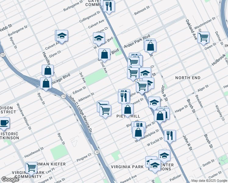 map of restaurants, bars, coffee shops, grocery stores, and more near 614 Clairmount Avenue in Detroit
