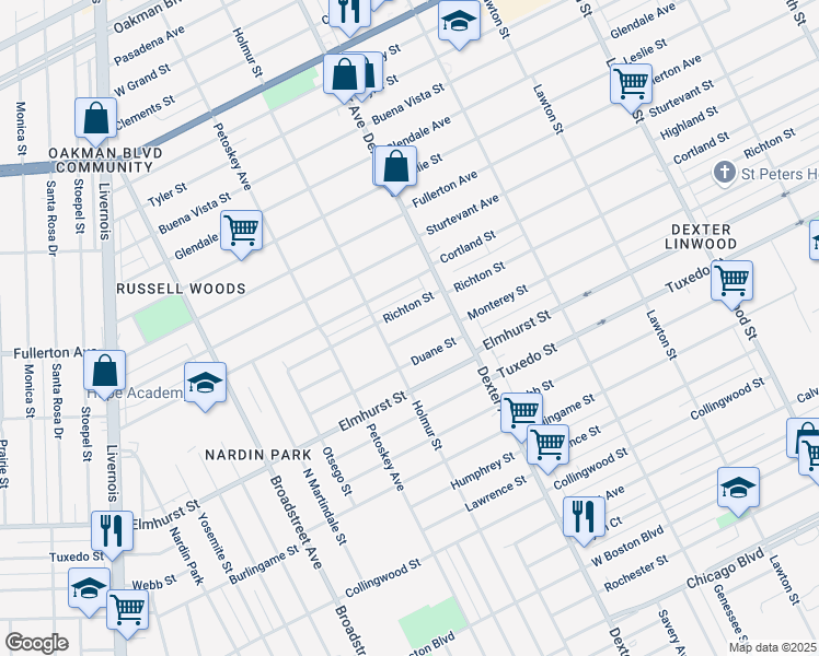 map of restaurants, bars, coffee shops, grocery stores, and more near 3747 Richton Street in Detroit