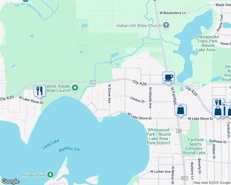 map of restaurants, bars, coffee shops, grocery stores, and more near 24925 West Rollins Road in Round Lake