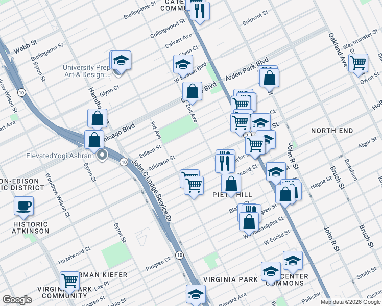 map of restaurants, bars, coffee shops, grocery stores, and more near 650 Atkinson Street in Detroit