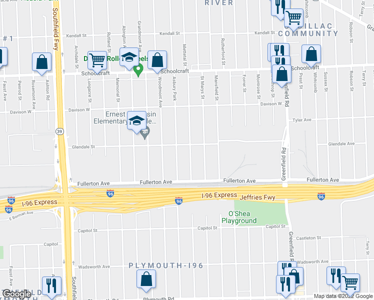 map of restaurants, bars, coffee shops, grocery stores, and more near 12737 Mettetal Street in Detroit