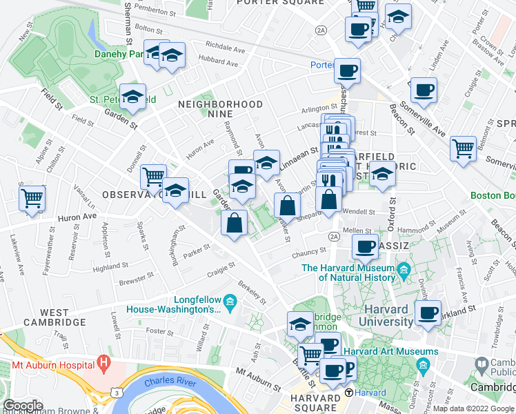 map of restaurants, bars, coffee shops, grocery stores, and more near 52 Linnaean Street in Cambridge