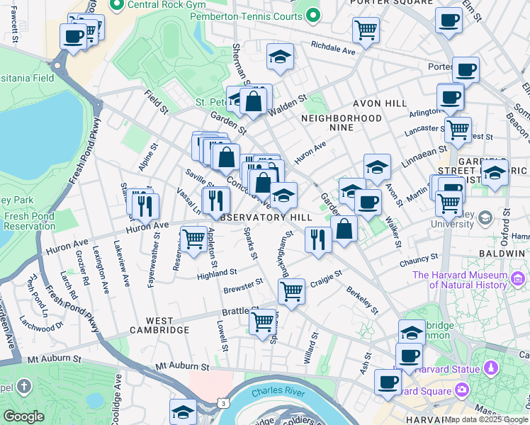 map of restaurants, bars, coffee shops, grocery stores, and more near 160 Concord Avenue in Cambridge