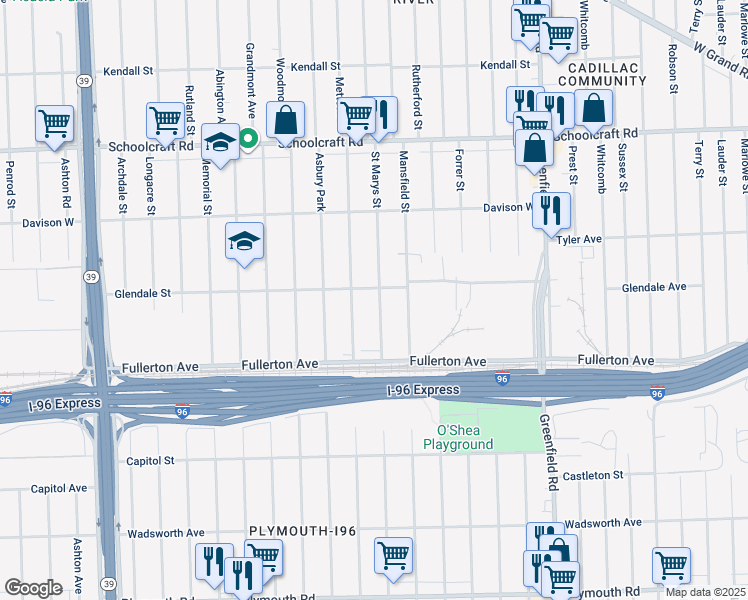 map of restaurants, bars, coffee shops, grocery stores, and more near 12737 Saint Marys Street in Detroit