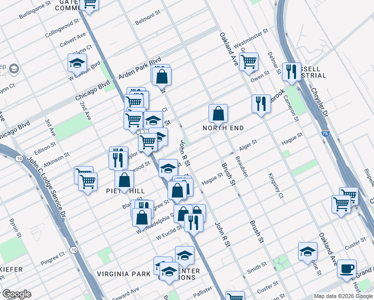 map of restaurants, bars, coffee shops, grocery stores, and more near 201 Holbrook Avenue in Detroit