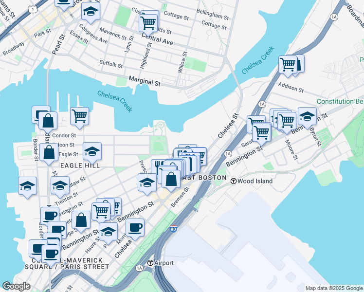 map of restaurants, bars, coffee shops, grocery stores, and more near 338 East Eagle Street in Boston