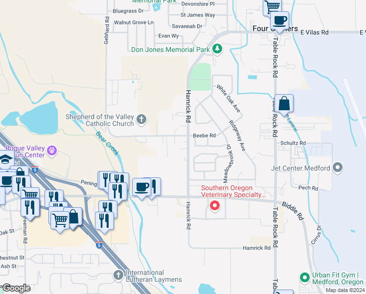 map of restaurants, bars, coffee shops, grocery stores, and more near 4511 Hamrick Road in Central Point