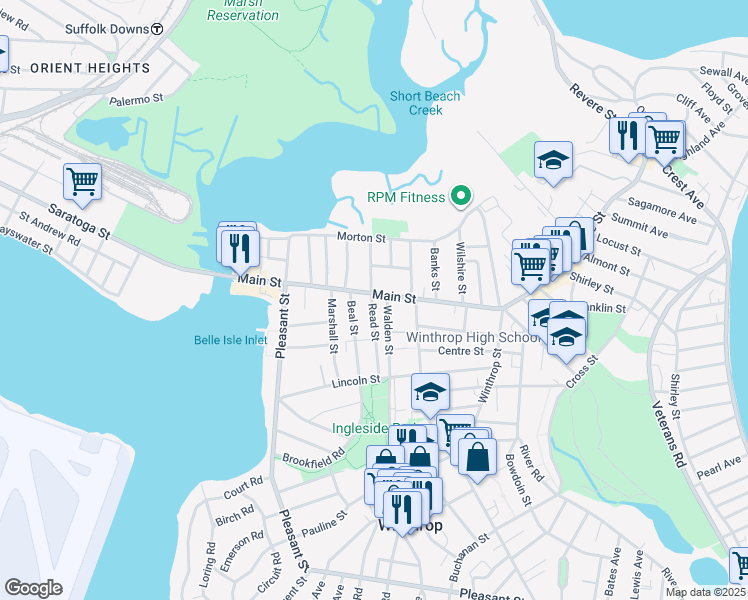 map of restaurants, bars, coffee shops, grocery stores, and more near 119 Read Street in Winthrop