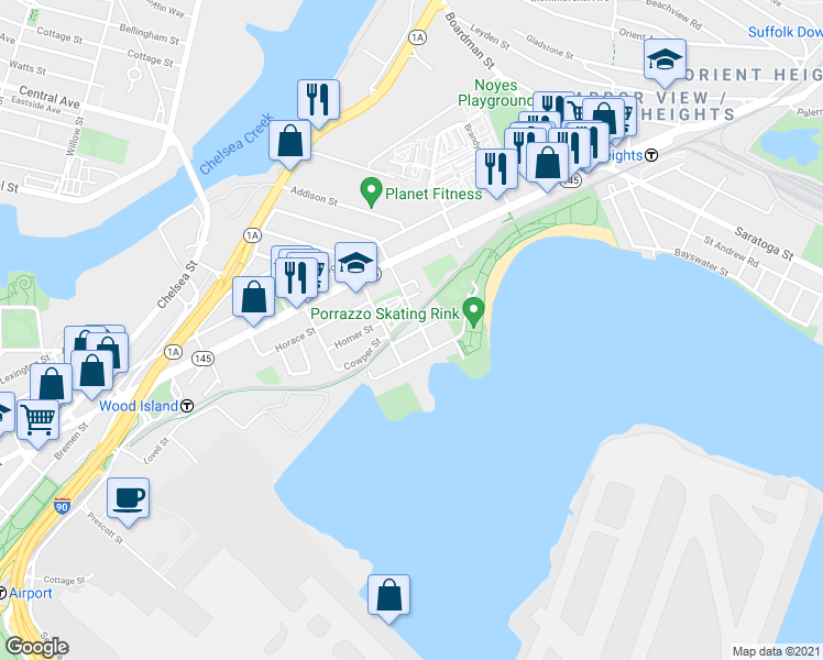 map of restaurants, bars, coffee shops, grocery stores, and more near 147 Wordsworth Street in Boston