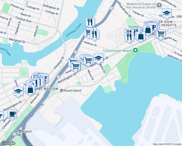 map of restaurants, bars, coffee shops, grocery stores, and more near 55 Moore Street in Boston