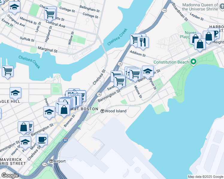 map of restaurants, bars, coffee shops, grocery stores, and more near 632 Saratoga Street in Boston