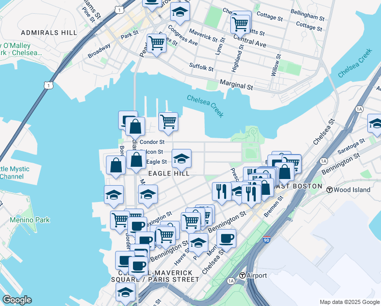 map of restaurants, bars, coffee shops, grocery stores, and more near 167-169 Condor Street in Boston