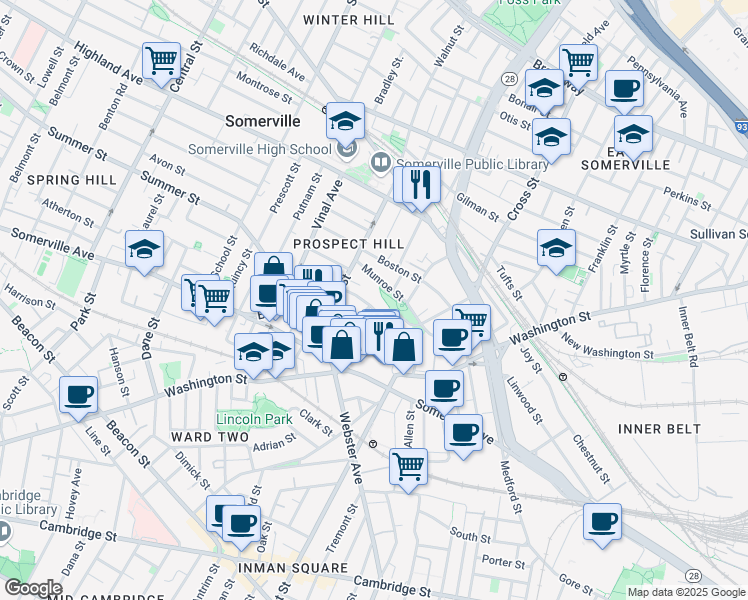 map of restaurants, bars, coffee shops, grocery stores, and more near 75 Munroe Street in Somerville