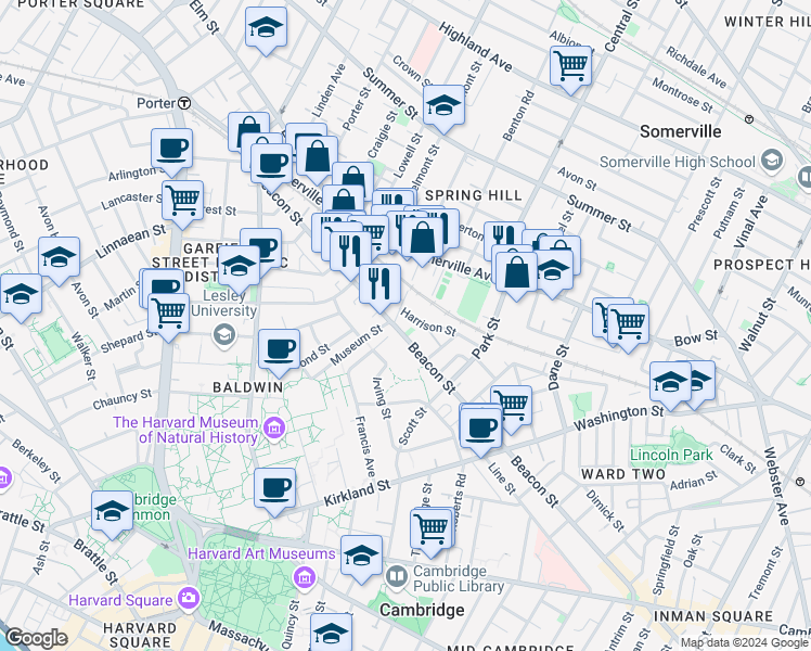 map of restaurants, bars, coffee shops, grocery stores, and more near in Somerville