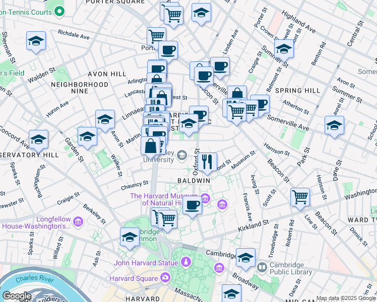 map of restaurants, bars, coffee shops, grocery stores, and more near 36 Sacramento Street in Cambridge