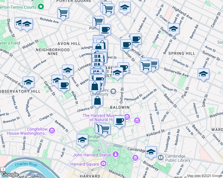 map of restaurants, bars, coffee shops, grocery stores, and more near 16 Sacramento Street in Cambridge