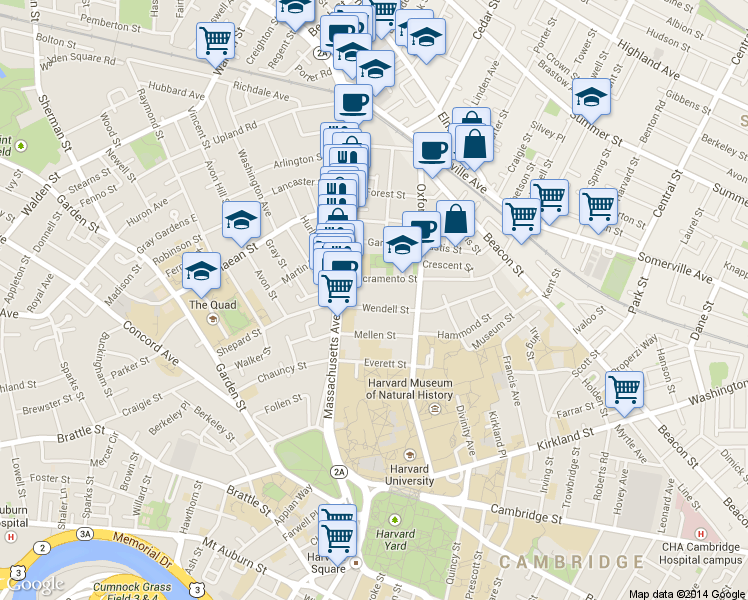 map of restaurants, bars, coffee shops, grocery stores, and more near 16 Sacramento Street in Cambridge