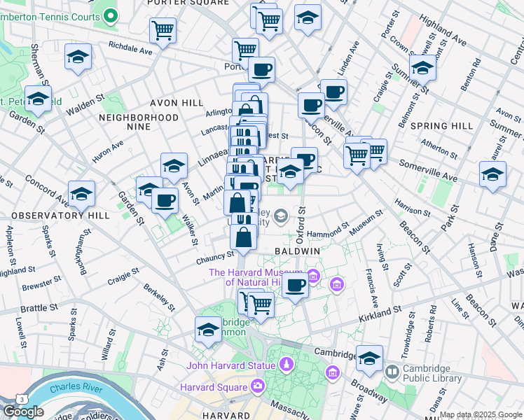 map of restaurants, bars, coffee shops, grocery stores, and more near 16 Sacramento Street in Cambridge