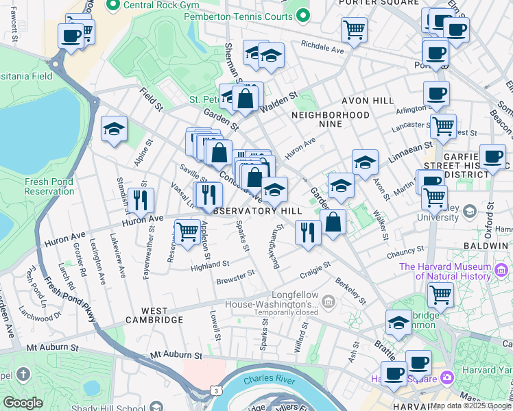 map of restaurants, bars, coffee shops, grocery stores, and more near in Cambridge