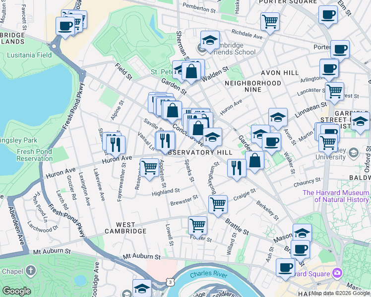 map of restaurants, bars, coffee shops, grocery stores, and more near in Cambridge