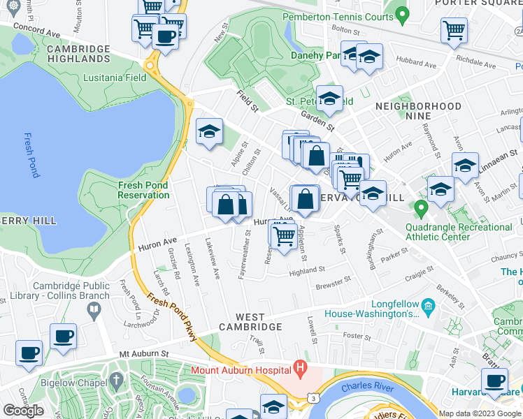 map of restaurants, bars, coffee shops, grocery stores, and more near 30 Granville Road in Cambridge